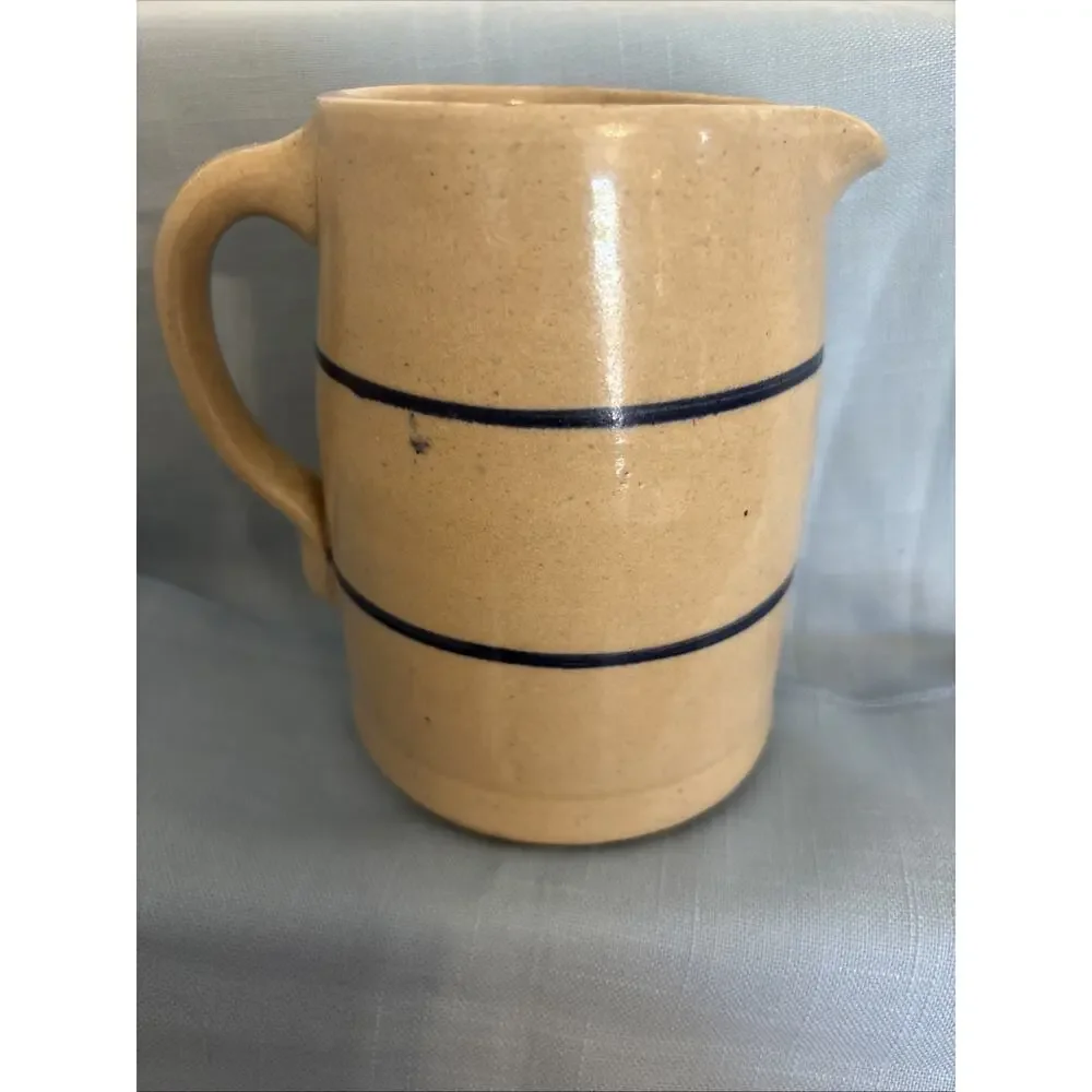 Antique Stoneware Pitcher Beige W/ Blue Stripe Rustic Farmhouse Decor Heavy